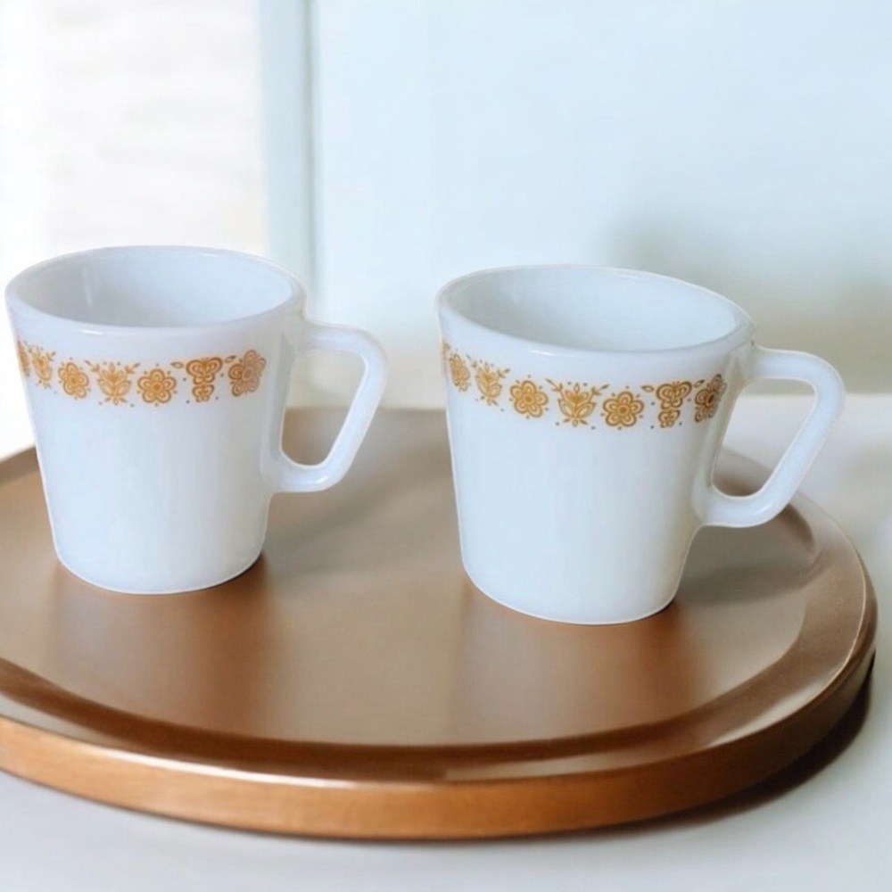 PYREX Vintage 1970s Butterfly Gold Corning Milk White Glass Pair of Mugs (2)